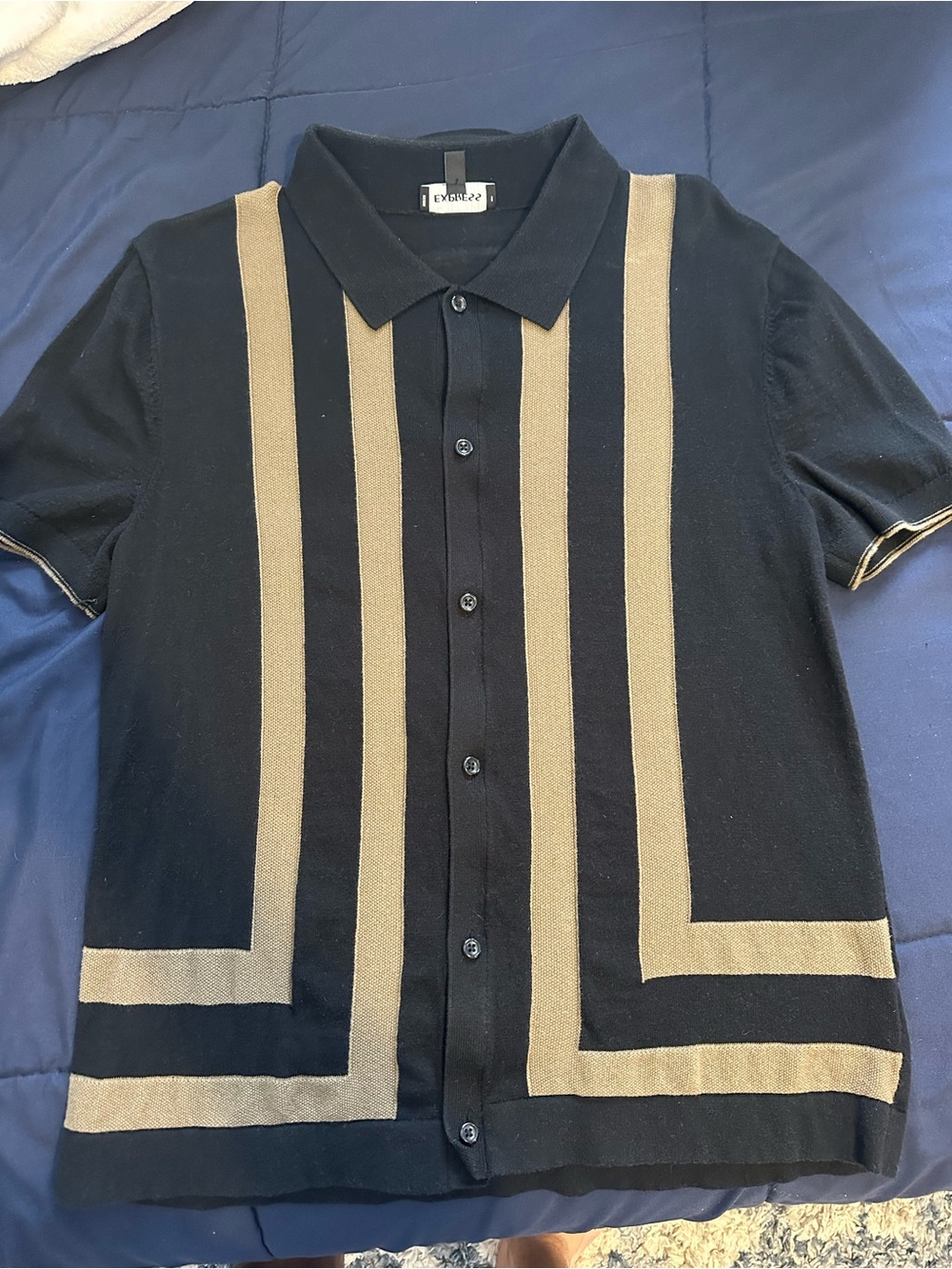 Express Black Polo with Tan Vertical Geometric Stripes